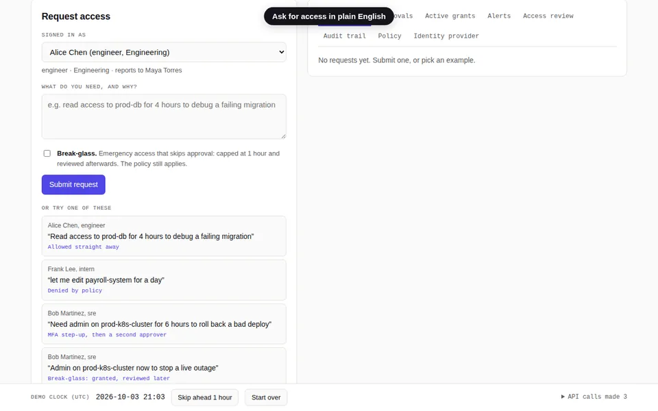 A tour of the Aegis live demo: a plain-English request for admin on the production cluster, an MFA step-up, the manager's approval, an intern denied with reasons, a prompt-injection attempt flagged, deleted audit entries caught by a signed checkpoint, a leaver offboarded over SCIM, and a what-if policy question