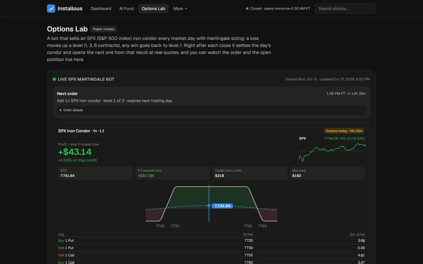 Installous Options Lab: the live SPX bot's next order, and its open iron condor with profit if closed now, a payoff chart marking the current index price, and each leg's strike and estimated price