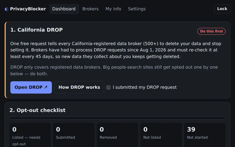Privacy Blocker dashboard: the California DROP step and the opt-out checklist progress